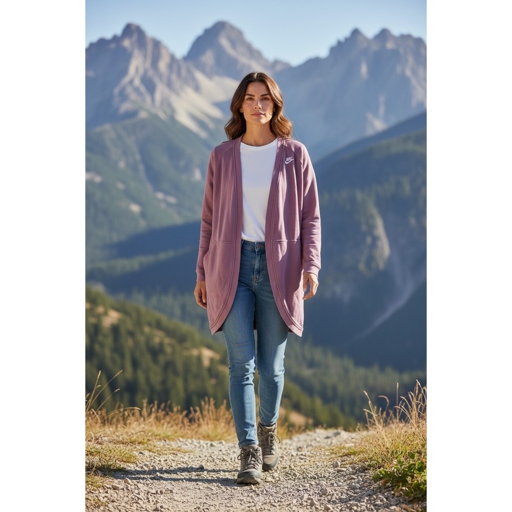 Nike Sportswear Women Open Front Longline Cardigan Mauve Purple French Terry S